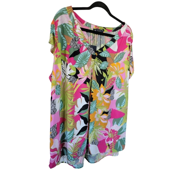 NWOT RACHEL Rachel Roy 2X Flutter Cap Sleeve Tropical Floral Tunic Pink Green - Picture 6 of 12